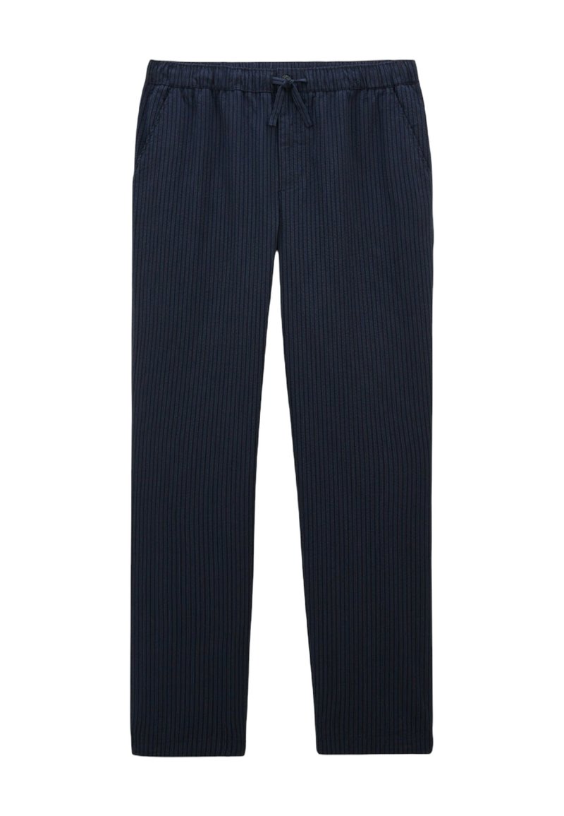 Pantalons de jogging côtelés bleu marine avec taille élastique, fermeture à cordon de serrage et poches latérales. Design à jambes droites. Tissu léger.