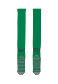 Calze verdi al di sopra del ginocchio con un corpo verde uniforme, una fascia verde scuro e una punta grigia caratterizzata da strisce orizzontali blu e verdi.