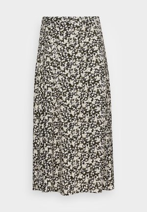 Schwarzer Midirock mit kleinem Blumenmuster in Weiß und Hellbeige, A-Linien-Silhouette und hoher Taille.