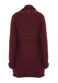 Cardigan a maglia bordeaux con finitura testurizzata, maniche lunghe, colletto ripiegato e dettagli sulla cucitura posteriore. Design aperto davanti, stile casual.