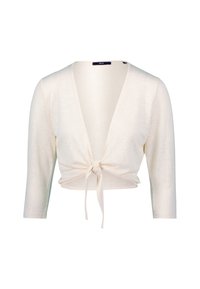 Krémově zbarvený krátký kardigan s dlouhými rukávy, výstřihem do V a předním uzlem. Vyrobený z měkké, strukturované látky.