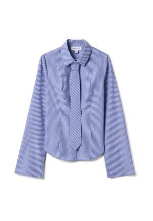 Blau-weiß gestreiftes Langarmhemd mit passender Krawatte, ausgestattet mit einem klassischen Kragen und einem abgerundeten Saum. Glatte Textur.