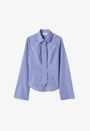 Blau-weiß gestreiftes Langarmhemd mit passender Krawatte, ausgestattet mit einem klassischen Kragen und einem abgerundeten Saum. Glatte Textur.