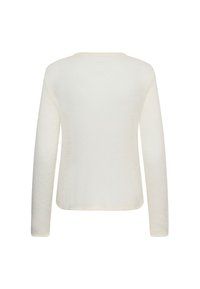 Pull en tricot de couleur crème à manches longues avec un col rond, vu de dos sur un fond blanc.