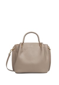 Sac à main en cuir gris avec une texture granuleuse, double poignée supérieure, bandoulière amovible et accents en métal doré.