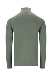 Schlichtes olivgrünes Langarmshirt mit hohem Kragen und sichtbaren Nahtdetails, von hinten vor weißem Hintergrund gezeigt.