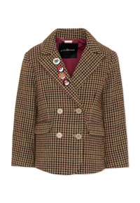 Bruin en bordeaux geruite dubbelgeknoopte blazer met vier knopen, twee zakken, donkerrode voering en vier decoratieve spelden op de kraag.