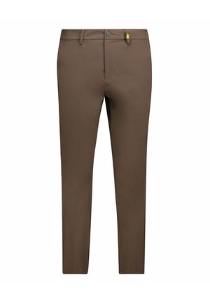 Pantalon marron slim avec passants pour ceinture, fermeture avant à boutons et une petite étiquette jaune avec logo près de la taille.