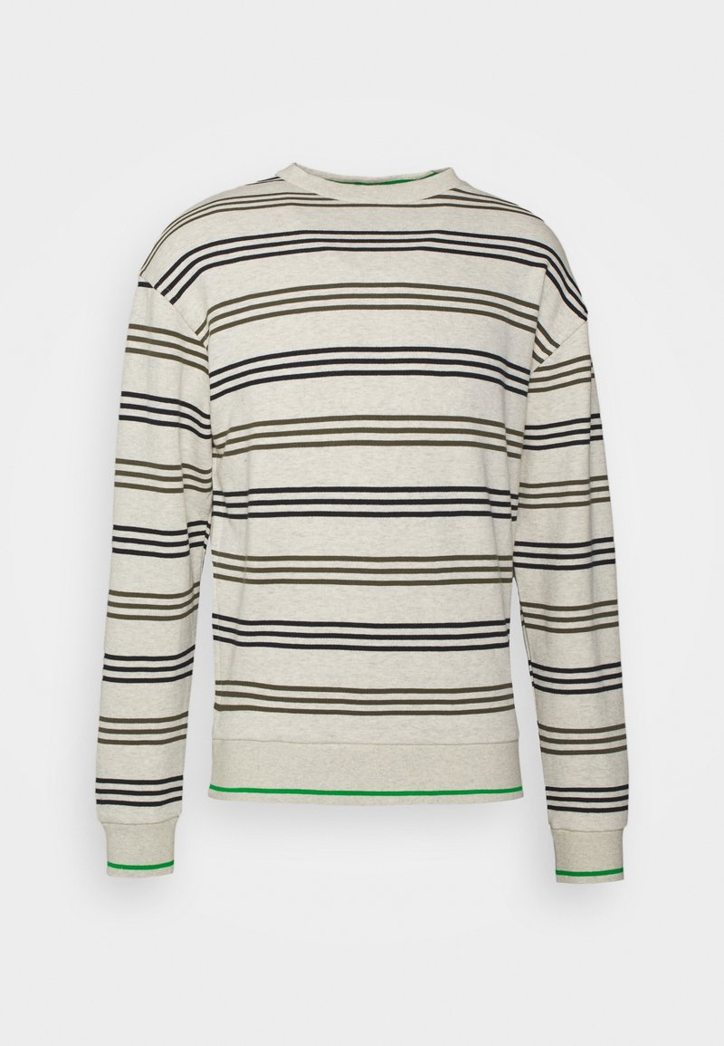 Langärmliges gestreiftes Sweatshirt in hellgrau mit dunkelgrünen und marineblauen Streifen. Gerippte Bündchen mit grünen Akzenten am Saum. Weiche Textur.