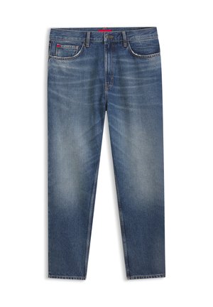 Niebieskie jeansy z denimu o klasycznym kroju, z zapięciem na guziki, pięcioma kieszeniami i subtelnym blaknięciem. Prosty krój nogawek, średni odcień prania.