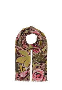 Foulard a motivi floreali con tonalità vivaci di rosa, verde e marrone. Materiale leggero con bordi frangiati, che ricorda un'opera d'arte ispirata alla natura.