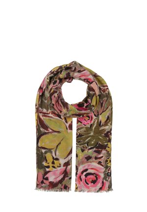 Foulard a motivi floreali con tonalità vivaci di rosa, verde e marrone. Materiale leggero con bordi frangiati, che ricorda un'opera d'arte ispirata alla natura.
