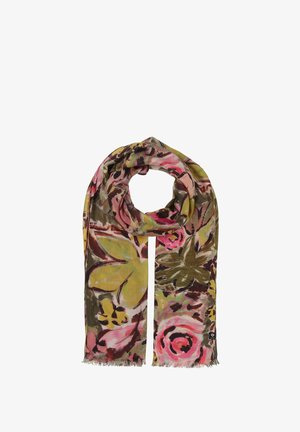 Foulard a motivi floreali con tonalità vivaci di rosa, verde e marrone. Materiale leggero con bordi frangiati, che ricorda un'opera d'arte ispirata alla natura.