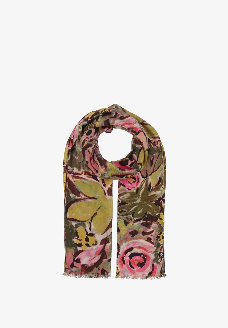 Foulard a motivi floreali con tonalità vivaci di rosa, verde e marrone. Materiale leggero con bordi frangiati, che ricorda un'opera d'arte ispirata alla natura.