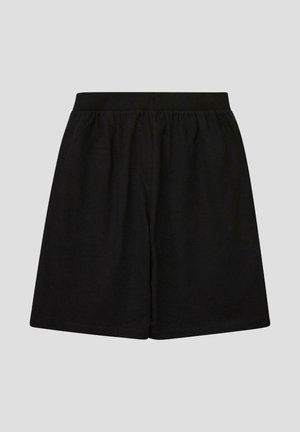Schwarze Shorts mit elastischem Bund, weiter Passform und knielangem Schnitt, vor einem einfarbigen hellgrauen Hintergrund dargestellt.