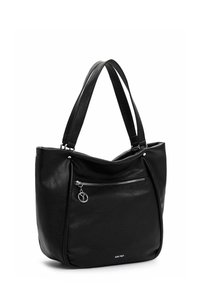 Sac cabas en cuir noir avec surface texturée, double anse, poche avant zippée et détails en métal argenté avec logo.