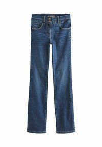 Mörkblå denimjeans med rak benklippning, med knappstängning, framfickor och kontrasterande gula sömmar.
