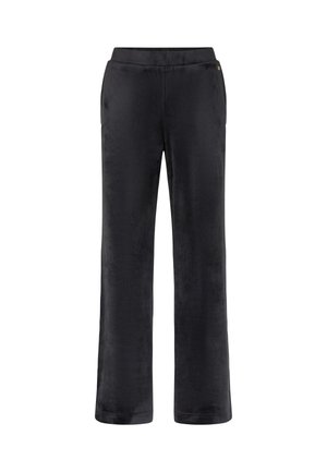 Černé sametové kalhoty se střihovými nohavicemi, které mají jemnou texturu a elastický pas pro pohodlí. Výrazný zlatý logo detail.