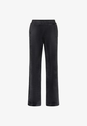 Pantaloni in velluto nero con design a gamba dritta, caratterizzati da una consistenza morbida e una vita elasticizzata per il massimo comfort. Dettaglio del logo dorato ben visibile.