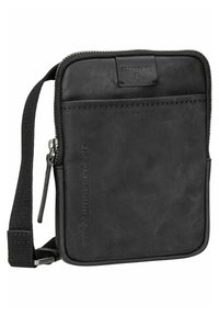Borsa a tracolla nera in pelle con chiusura a zip, tracolla in tessuto e branding in rilievo. Texture liscia con design minimalista.