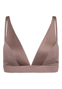 Brun bralette med dyb V-udskæring, glat tekstur, tynde stropper og en kontrasterende mørkere sidepanel. Ingen synlige lukninger.