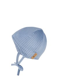 Light blue ribbed baby hat with ties and a small brown brand label on the side, isolated on white background.