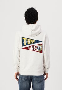 Lys grå hettegenser med grafikk på baksiden som viser blå og røde trekantlapper og brodert tekst "TOMMY JEANS" med et løvedesign.