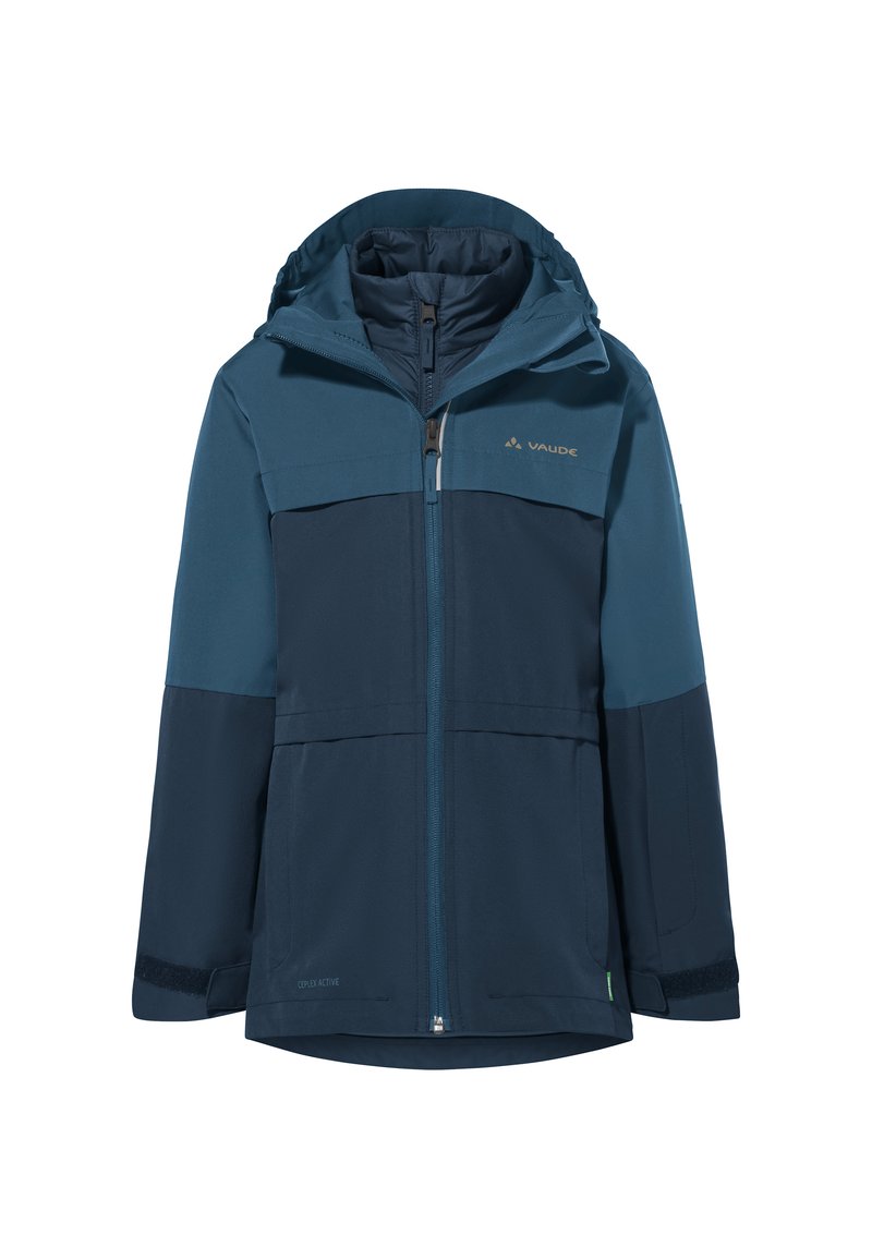 Veste imperméable bleu marine avec capuche, présentant des panneaux contrastants en bleu foncé, fermeture éclair à l'avant et poignets ajustables pour un maintien sûr.