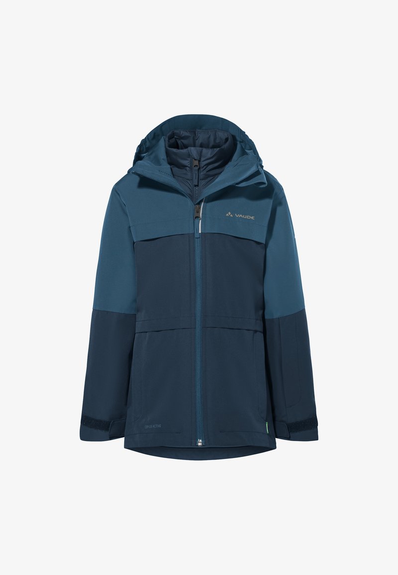Veste imperméable bleu marine avec capuche, présentant des panneaux contrastants en bleu foncé, fermeture éclair à l'avant et poignets ajustables pour un maintien sûr.