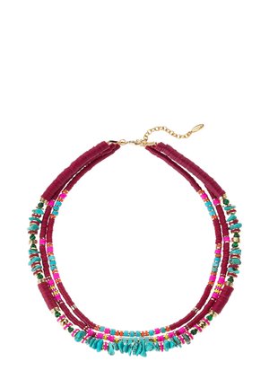 Multi-strand necklace featuring maroon and turquoise beads, gold accents, and pink elements. Textured materials create a layered effect.