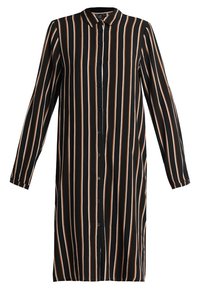 Svart knapp-up klänning med långa ärmar, vertikala ränder i vitt och orange samt krage. Mjuk tyg med avslappnad passform.