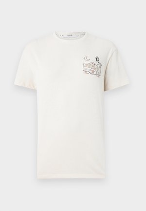 White cotton t-shirt featuring a printed design with outlines and text on the left chest. Short sleeves and a crew neckline.