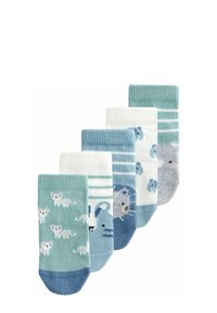 Set di cinque calzini in tonalità di blu chiaro e verde. Presentano righe e motivi di animali, realizzati in tessuto a costine.