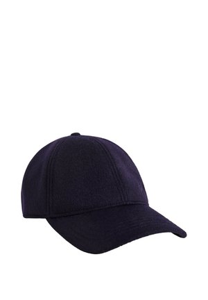 Cappellino da baseball blu scuro con visiera curva e linee di cucitura visibili sui pannelli e sulla visiera su sfondo bianco.