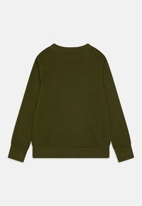 Olíva zöld pulóver kerek nyakkal és hosszú ujjal. Puha tapintású, a hajtásnál és az ujjak végén bordázott mandzsettákkal.