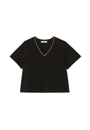 T-shirt noir à manches courtes en V, avec un bord contrastant doré le long du col. Tissu doux avec une coupe décontractée.