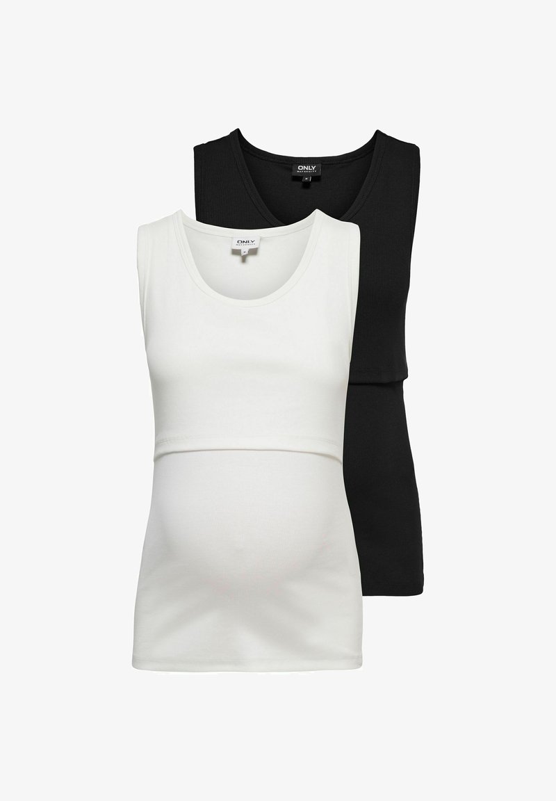 Deux hauts de maternité sans manches, un blanc et un noir, avec des encolures rondes et une texture de tissu côtelé.