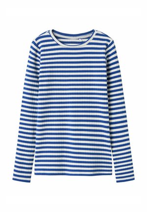 T-shirt à manches longues en tissu côtelé, présentant des rayures horizontales bleues et blanches alternées. Col rond avec une coupe légèrement ajustée.