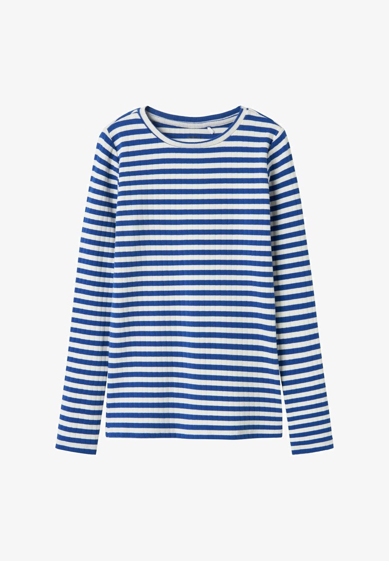 Duga majica s dugim rukavima izrađena od rebrastog materijala s izmjeničnim plavim i bijelim horizontalnim prugama. Okrugli izrez s lagano prilagođenim krojem.