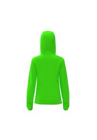 Felpa verde con cappuccio, maniche lunghe, texture liscia, design aderente e orlo piatto. Nessun logo visibile o dettagli aggiuntivi.