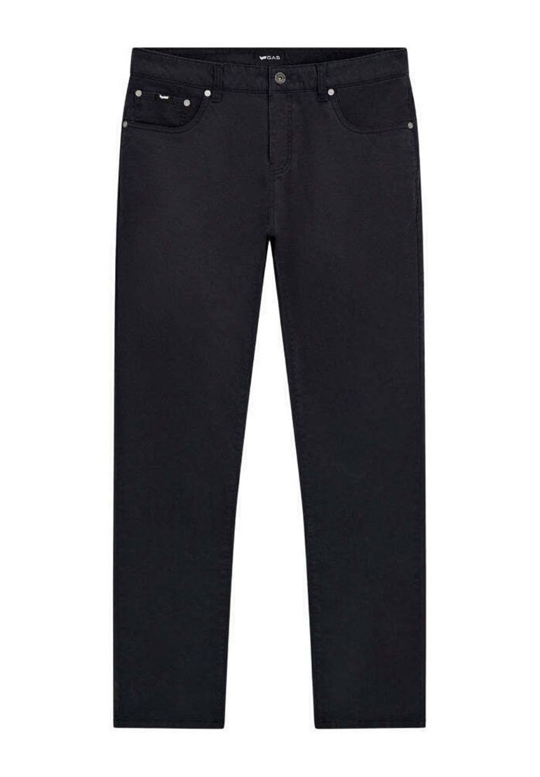 Jeans in denim nero con taglio dritto, cinque tasche e cuciture a contrasto. Presentano una chiusura a bottone e un discreto logo.
