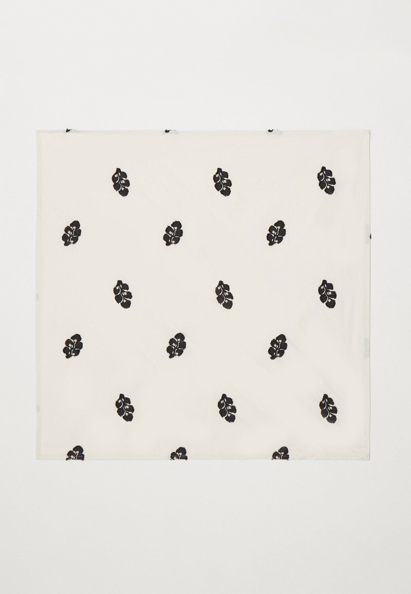 Black floral embroidery on a cream fabric, featuring a smooth texture, rectangular shape, and evenly spaced floral patterns.