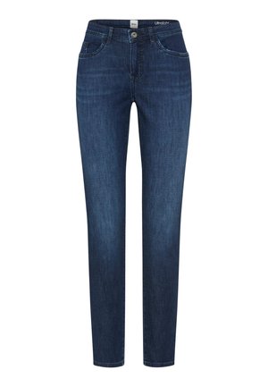 Mørkeblå slim-fit jeans med knapper og lynlås foran, to forlommer og et mærke på taljen med teksten "Ultralight".