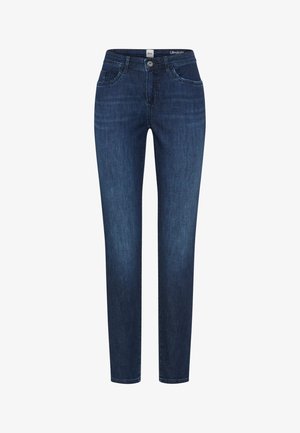 Donkerblauwe slim-fit jeans met knoopsluiting en rits aan de voorkant, twee voorzakken en een label op de tailleband met de tekst "Ultralight."