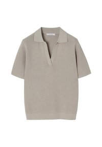 Polo à manches courtes beige avec un design en maille ouverte texturée et un col côtelé. Présente un décolleté en V et une coupe décontractée.