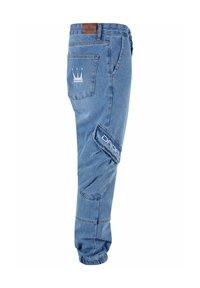 Helle blaue Denim-Cargohosen mit einem Kronenlogo auf der Hintertasche, gestickten Akzenten und einem elastischen Bund am Knöchel.
