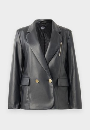 Blazer doppiopetto in pelle nera con finitura satinata, ampi rever, bottoni color oro, tasca con zip e fodera trapuntata.