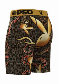 Boxer neri con fascia in vita dorata, con un design audace di conigli e serpenti su onde testurizzate. Realizzati in tessuto elasticizzato per il massimo comfort.