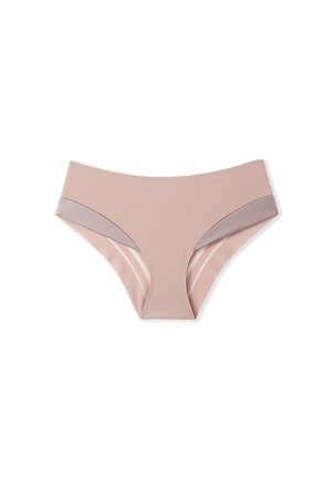 Intimo donna rosa chiaro con una texture liscia, caratterizzato da un delicato bordo a contrasto sui lati e un design a gamba alta.