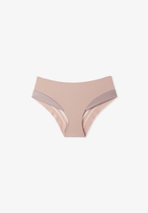 Intimo donna rosa chiaro con una texture liscia, caratterizzato da un delicato bordo a contrasto sui lati e un design a gamba alta.